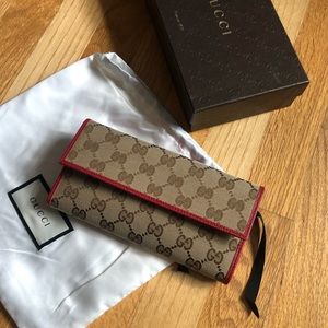 Gucci GG Logo Canvas Wallet with Red Leather Trim